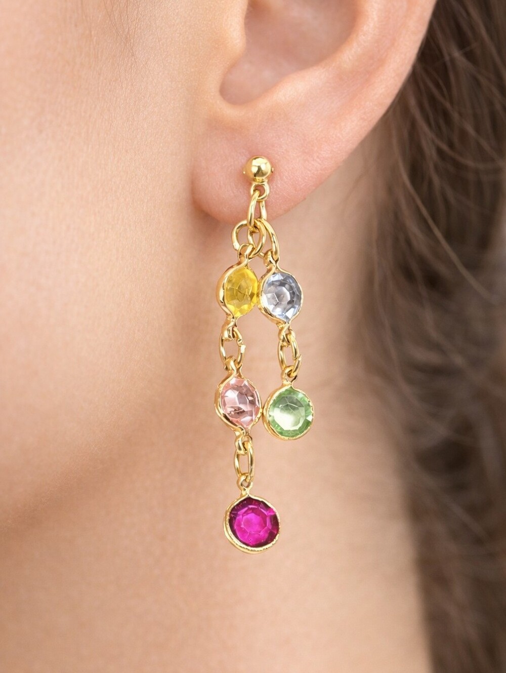 Gold tone Chain Drop Earrings Multicolor Crystal Dangles Stylish Women's Jewelry